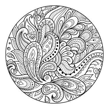 Kitap sayfa boyama için yuvarlak çiçek desenli anahat. Yetişkinler ve çocuklar için boyama antistress. Doodle desen siyah ve beyaz. El çizmek vektör çizim.