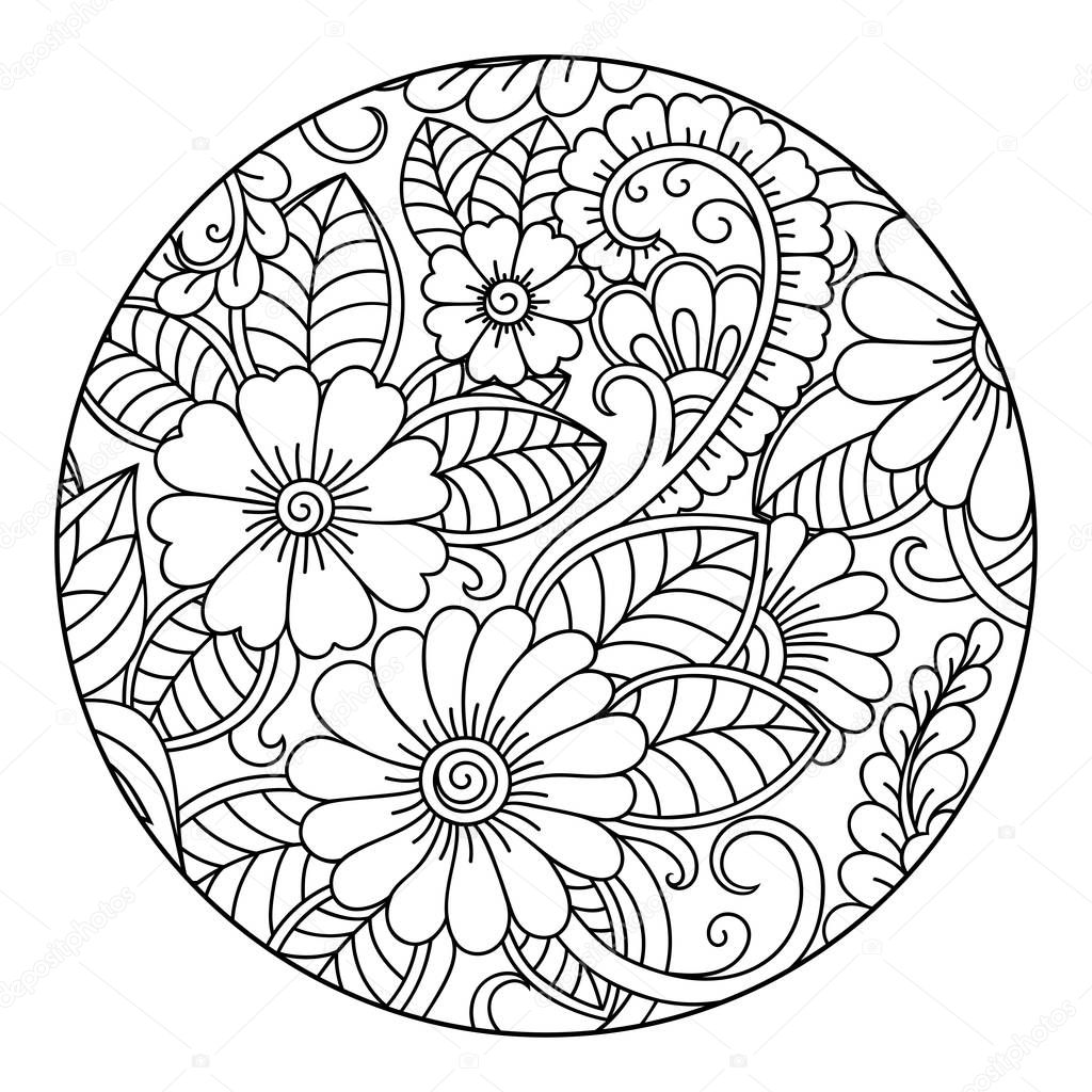 Outline round floral pattern for coloring the book page. Antistress coloring for adults and children. Doodle pattern in black and white. Hand draw vector illustration.
