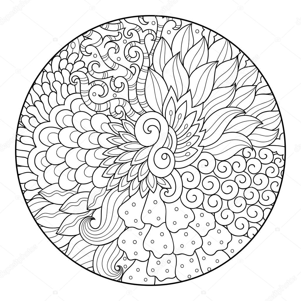 Outline round floral pattern for coloring the book page. Antistress coloring for adults and children. Doodle pattern in black and white. Hand draw vector illustration.