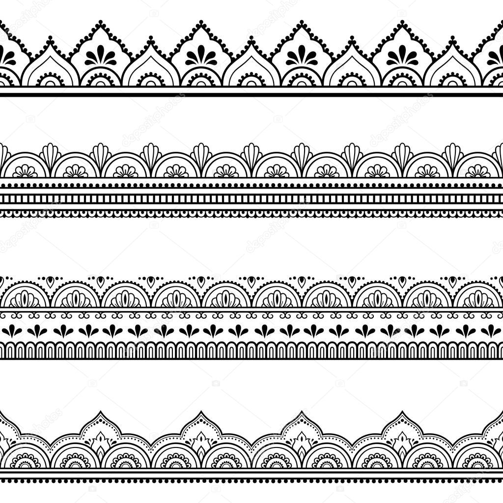 Set of seamless borders for design and application of henna. Mehndi style. Decorative pattern in oriental style.