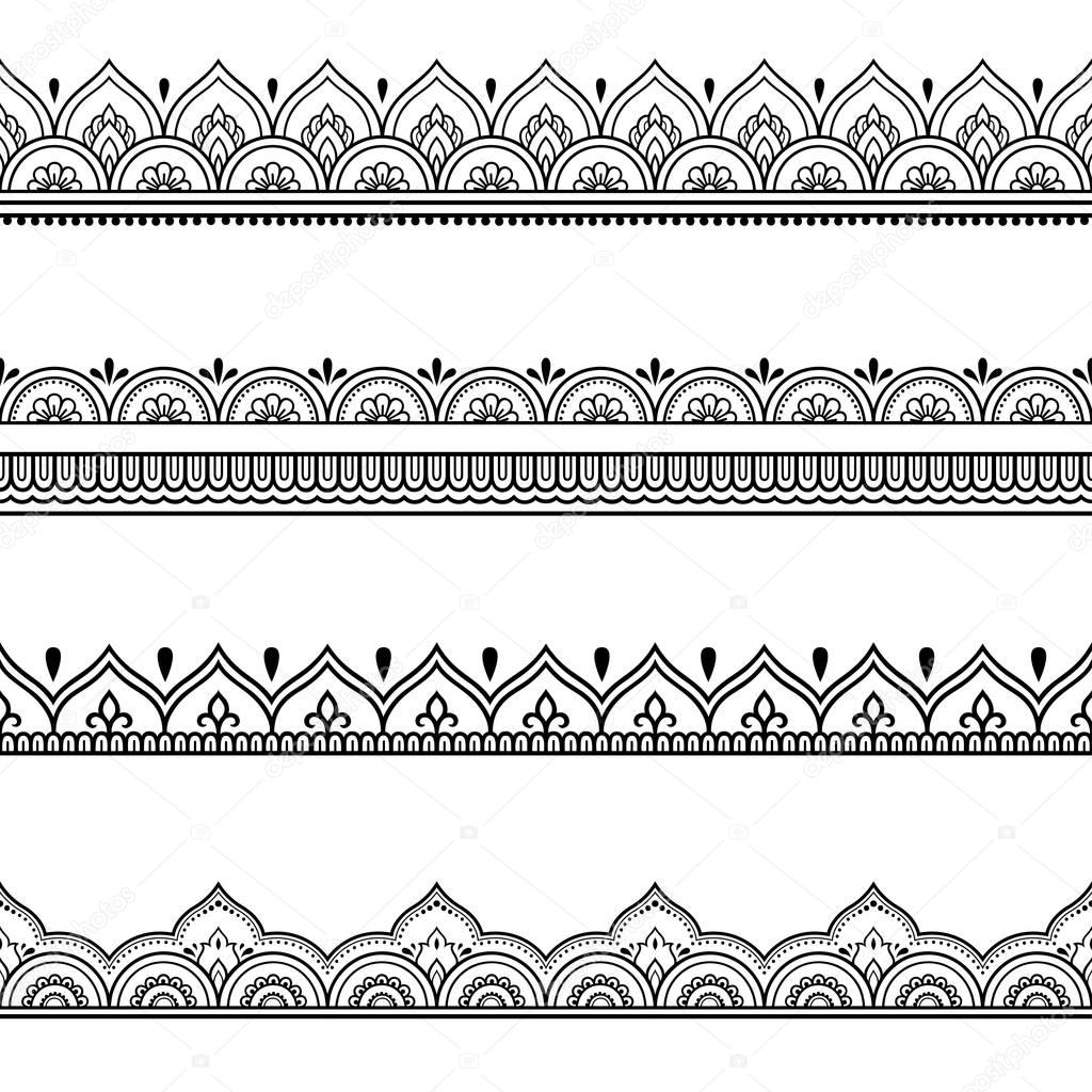 Set of seamless borders for design and application of henna. Mehndi style. Decorative pattern in oriental style.