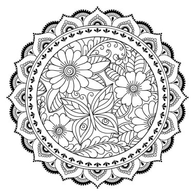 Bir mandala şeklinde dairesel desende. Kına dövme mandala. Mehndi tarzı. Dekoratif desen oryantal tarzı. Boyama kitabı sayfası.