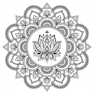 Bir mandala şeklinde dairesel desende. Kına dövme mandala. Mehndi tarzı. Dekoratif desen oryantal tarzı. Boyama kitabı sayfası.