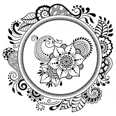 Bir mandala şeklinde dairesel desende. Kına dövme mandala. Mehndi tarzı. Dekoratif desen oryantal tarzı. Boyama kitabı sayfası.