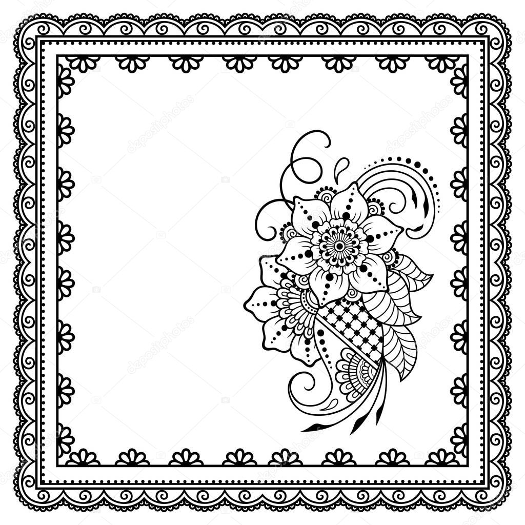 Henna tattoo flower template and patterned frame. Mehndi style. Set of ornamental patterns in the oriental style.