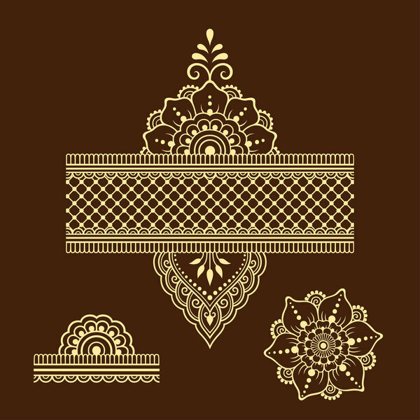 Henna tattoo flower template and border. Mehndi style. Set of ornamental patterns in the oriental style.