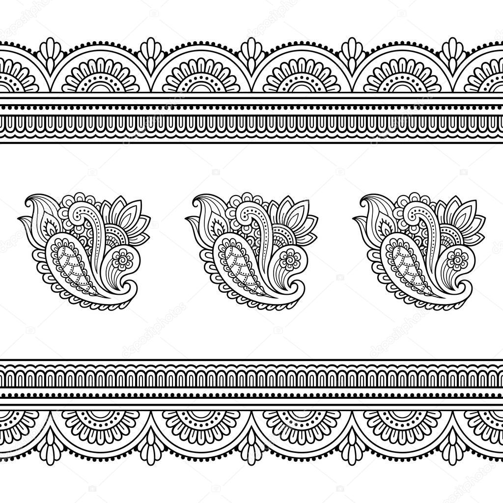 Henna tattoo flower template and seamless border. Mehndi style. Set of ornamental patterns in the oriental style.