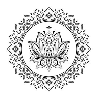 Kına Mehndi, dövme, dekorasyon için mandala şeklinde dairesel desende. Lotus ile oryantal tarzda Dekoratif süsleme. Boyama kitabı sayfası.