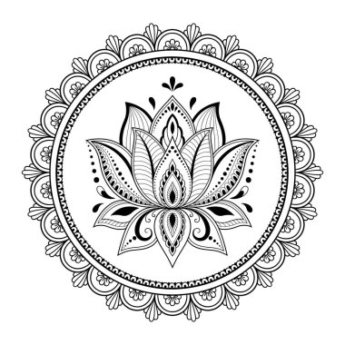 Kına Mehndi, dövme, dekorasyon için mandala şeklinde dairesel desende. Lotus ile oryantal tarzda Dekoratif süsleme. Boyama kitabı sayfası.