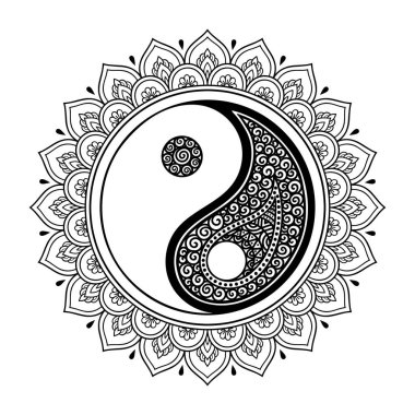 Kına Mehndi, dövme, dekorasyon için mandala şeklinde dairesel desende. Yin-yang el ile oryantal tarzda Dekoratif süsleme sembolü çizilmiş. Boyama kitabı sayfası.