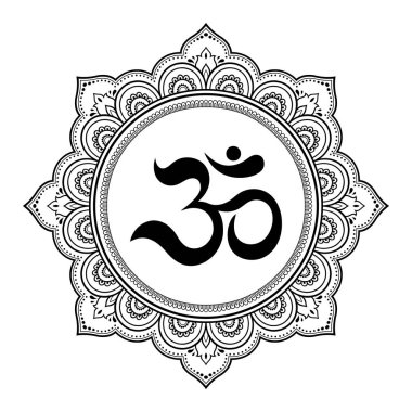 Kına Mehndi, dövme, dekorasyon için mandala şeklinde dairesel desende. Antik Hindu mantra OM ile oryantal tarzda Dekoratif süsleme Boyama kitabı sayfası.