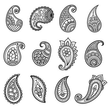 Mehndi çiçek deseni kına çizim ve dövme için kümesi. Etnik oryantal, Hint tarzında.