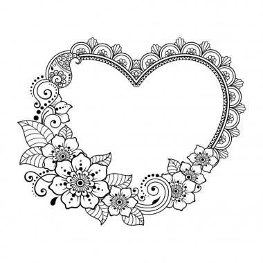 Kına Mehndi, dövme, dekorasyon için kalp şeklinde desen-çerçeve. Dekoratif süsleme etnik oryantal tarzı. Boyama kitabı sayfası.