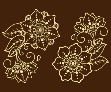 Kına çizimi ve dövme için Mehndi çiçek desenli bir set. Etnik doğuya özgü dekorasyon, Hint tarzı. Karalama süsü. El çizimi vektör illüstrasyonu.