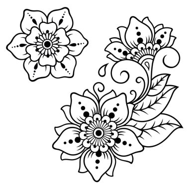 Kına çizimi ve dövme için Mehndi çiçek desenli bir set. Etnik doğuya özgü dekorasyon, Hint tarzı. Karalama süsü. El çizimi vektör illüstrasyonu.