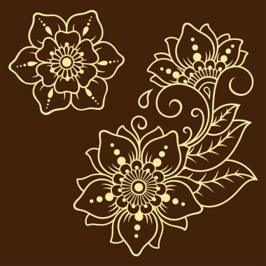 Kına çizimi ve dövme için Mehndi çiçek desenli bir set. Etnik doğuya özgü dekorasyon, Hint tarzı. Karalama süsü. El çizimi vektör illüstrasyonu.