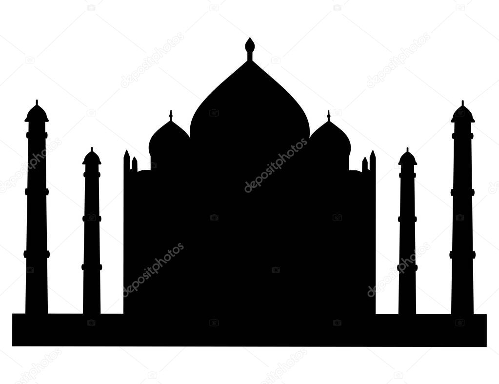 Silhouette Of The Taj Mahal. Islamic mausoleum in India. Muslim mosque architectural structure. Vector illustration.