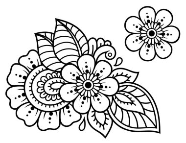 Kına çizimi ve dövme için Mehndi çiçek desenli bir set. Etnik doğuya özgü dekorasyon, Hint tarzı. Karalama süsü. El çizimi vektör illüstrasyonu.