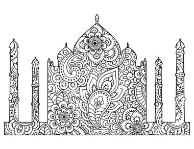 Tac Mahal 'in silueti mehndi tarzında çiçeklerle doludur. Hindistan 'daki İslami anıt mezar. Müslüman camii mimari yapısı. Vektör çizimi. Boyama kitabı sayfası.
