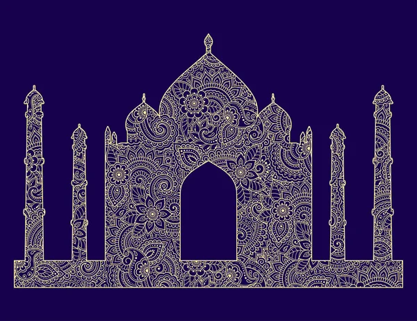 Taj Mahal Sziluettje Mehndi Stílusú Virágokkal Van Tele Iszlám Mauzóleum — Stock Vector