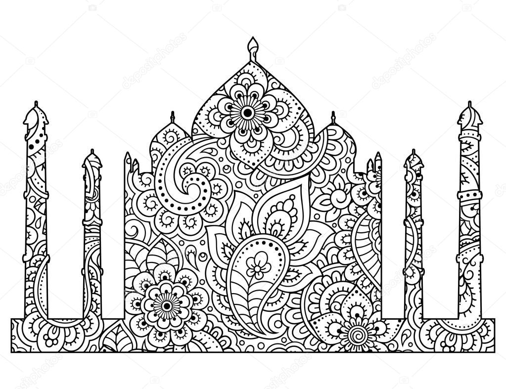 Silhouette of the Taj Mahal are filled with flowers in mehndi style. Islamic mausoleum in India. Muslim mosque architectural structure. Vector illustration. Coloring book page.