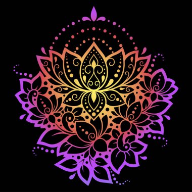 Mehndi ve Henna çizimleri için renkli çiçek desenleri. El çizimi nilüfer sembolü. Etnik doğuya özgü dekorasyon, Hint tarzı. Siyah arkaplanda gökkuşağı tasarımı.