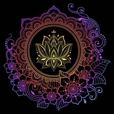 Henna, Mehndi, dövme ve süsleme için nilüfer çiçeği içeren dairesel desen. Etnik doğu tarzında dekoratif süs. Siyah arkaplanda gökkuşağı tasarımı.