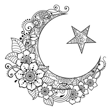 Yıldız ve hilal mehndi tarzı çiçekli dini İslam sembolü. Dekoratif işareti yapımı ve dövmeler için. Doğu Müslüman anlamlar.
