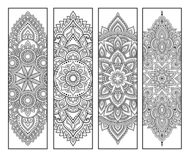 Kitap boyama için basılabilir yer imi. Çiçek desenli siyah beyaz etiketler, el çizimi mehndi tarzı. Çocukların ve yetişkinlerin renkli kalemlerle yaratıcılığını gösteren süslemelerin çizimi.