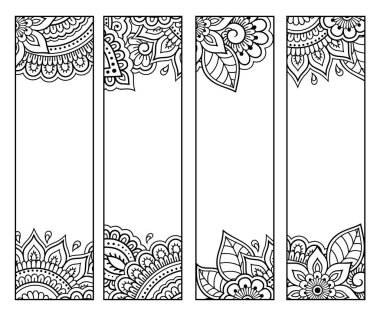 Kitap boyama için basılabilir yer imi. Çiçek desenli siyah beyaz etiketler, el çizimi mehndi tarzı. Çocukların ve yetişkinlerin renkli kalemlerle yaratıcılığını gösteren süslemelerin çizimi.