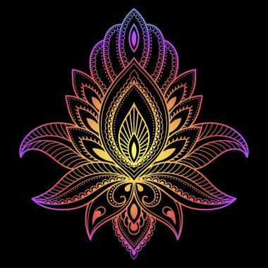 Mehndi ve Henna çizimleri için renkli çiçek desenleri. El çizimi nilüfer sembolü. Etnik doğuya özgü dekorasyon, Hint tarzı. Siyah arkaplanda gökkuşağı tasarımı.
