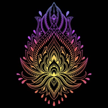 Mehndi ve Henna çizimleri için renkli çiçek desenleri. El çizimi nilüfer sembolü. Etnik doğuya özgü dekorasyon, Hint tarzı. Siyah arkaplanda gökkuşağı tasarımı.