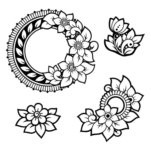 Set Motivo Floreale Mehndi Disegno Tatuaggio Henna Decorazione Stile Etnico — Vettoriale Stock