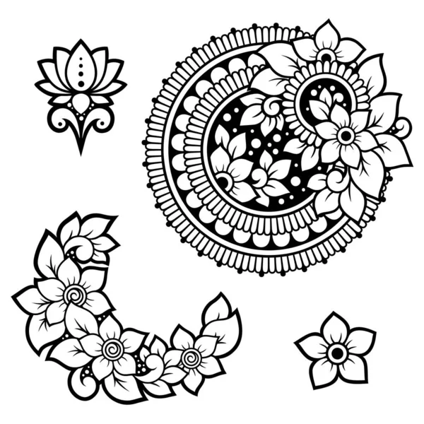 Conjunto Padrão Flor Mehndi Mandala Para Desenho Tatuagem Henna Decoração — Vetor de Stock