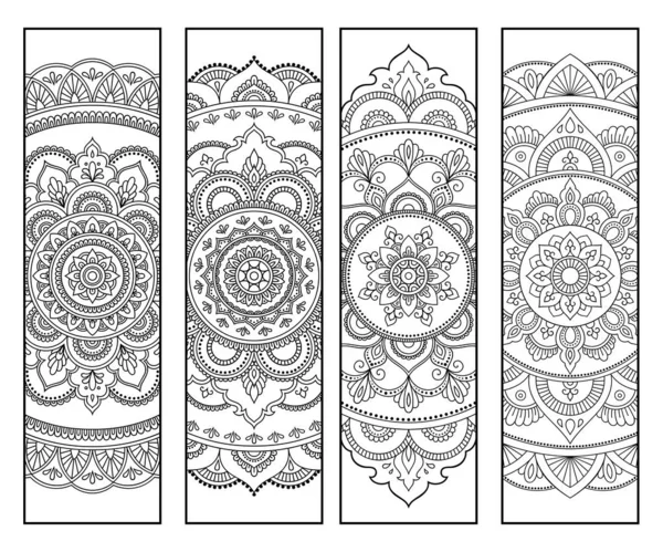 Printable Bookmark Book Coloring Set Black White Labels Flower Patterns — Stock Vector