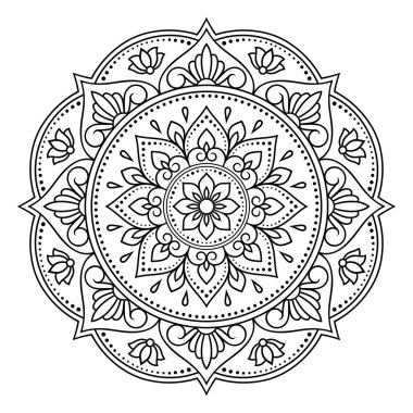 Kına, Mehndi, dövme ve dekorasyon için çiçekli dairesel desen. Etnik doğu tarzında dekoratif süs. Çizim el çizimi vektör illüstrasyonuName.