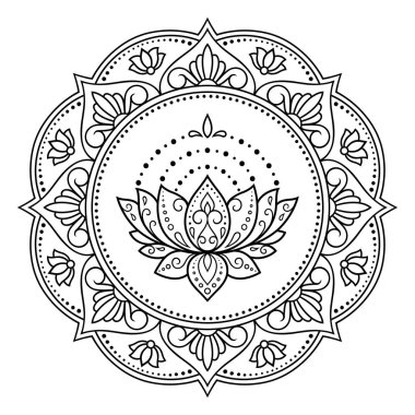 Henna, Mehndi, dövme ve süsleme için nilüfer çiçeği içeren dairesel desen. Etnik doğu tarzında dekoratif süs. Çizim el çizimi vektör illüstrasyonuName.