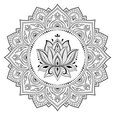 Henna, Mehndi, dövme ve süsleme için nilüfer çiçeği içeren dairesel desen. Etnik doğu tarzında dekoratif süs. Çizim el çizimi vektör illüstrasyonuName.