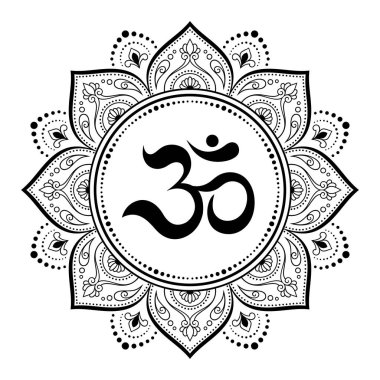 Henna, Mehndi, dövme, dekorasyon için Mandala şeklinde dairesel desen. Antik Hindu mantra OM ile oryantal tarzda Dekoratif süsleme. Anahat Doodle vektör illüstrasyon.