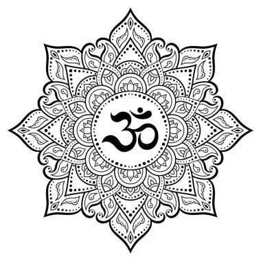 Henna, Mehndi, dövme, dekorasyon için Mandala şeklinde dairesel desen. Antik Hindu mantra OM ile oryantal tarzda Dekoratif süsleme. Anahat Doodle vektör illüstrasyon.
