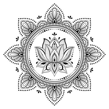 Henna, Mehndi, dövme ve süsleme için nilüfer çiçeği içeren dairesel desen. Etnik doğu tarzında dekoratif süs. Çizim el çizimi vektör illüstrasyonuName.