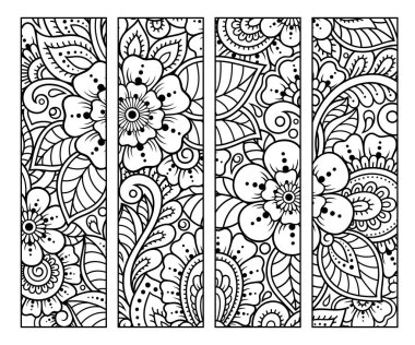 Kitap boyama için yer imi. Çiçek desenli siyah beyaz etiketler, mehndi tarzında el çizimi. Çocukların ve yetişkinlerin renkli kalemlerle yaratıcılığını gösteren süslemelerin çizimi.