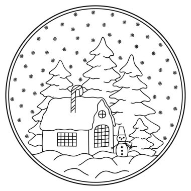 Festivalsel dekorasyonlu dairesel Noel süslemesi. Kış manzarası, ağaçlar ve kardan adam. Yeni yıl dekorasyonu için uygun. Boyama kitabı sayfası.