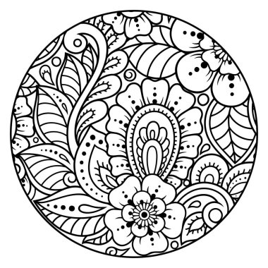 Kitap sayfasını boyamak için Mehndi tarzında yuvarlak çiçek deseni çiz. Yetişkinler ve çocuklar için stres önleyici. Siyah beyaz karalama süsü. El çizimi vektör illüstrasyonu.