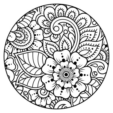 Kitap sayfasını boyamak için Mehndi tarzında yuvarlak çiçek deseni çiz. Yetişkinler ve çocuklar için stres önleyici. Siyah beyaz karalama süsü. El çizimi vektör illüstrasyonu.