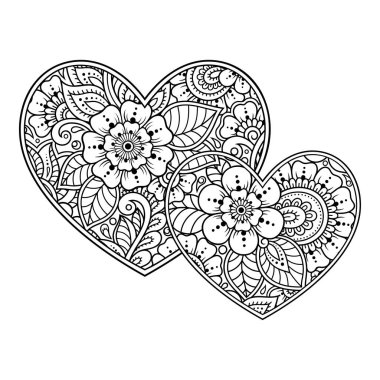 Kına çizimi ve dövme için kalp şeklinde Mehndi çiçek deseni. Etnik doğuya özgü dekorasyon, Hint tarzı. Sevgililer Günü selamları. Boyama kitabı sayfası.