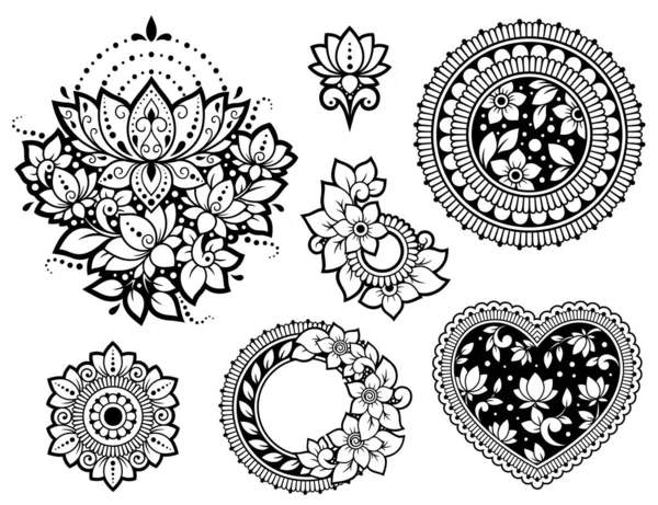 Stor Uppsättning Mehndi Blommönster Lotus Hjärta Och Mandala För Henna — Stock vektor