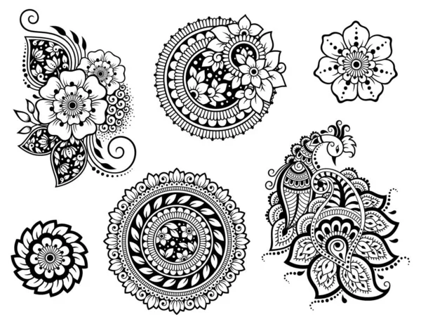 Grande Conjunto Padrão Flor Mehndi Pavão Mandala Para Desenho Tatuagem — Vetor de Stock