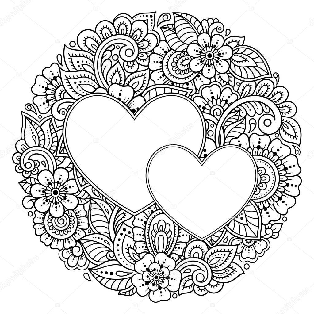 Circular pattern in form of mandala with frame in shape of heart. Decorative ornament in ethnic oriental mehndi style. Outline doodle hand draw vector illustration. Antistress coloring book page.