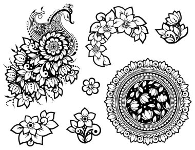 Mehndi çiçek desenli, tavus kuşu ve kına çizimi ve dövme için mandala. Etnik doğuya özgü dekorasyon, Hint tarzı. Karalama süsü. El çizimi vektör illüstrasyonu.